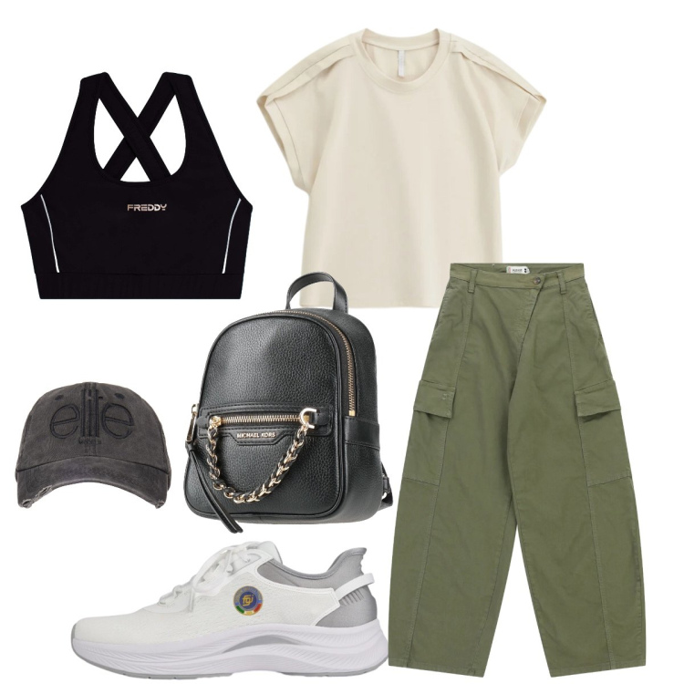 Outfit donna - Gita di gruppo. Stile Sporty chic per Tutti i giorni. Abbinamento con zaini, top, pantaloni cargo, top sportivi, cappelli, scarpe sportive.
