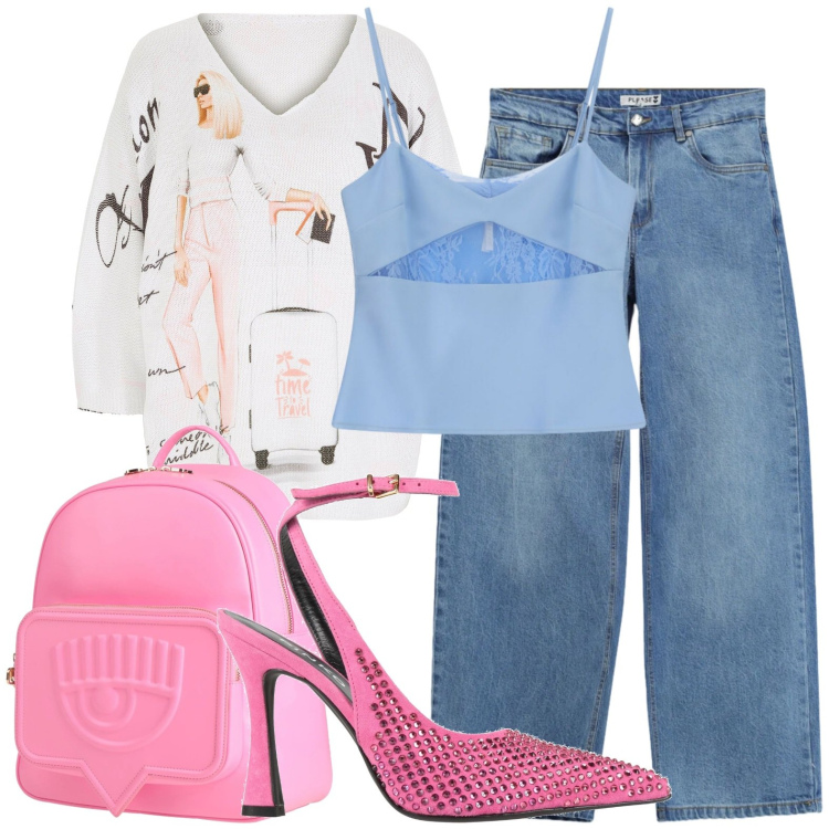 Outfit donna - Barbie style. Stile Casual chic per Scuola/Università. Abbinamento con décolleté, zaini, maglieria, jeans, canottiere.
