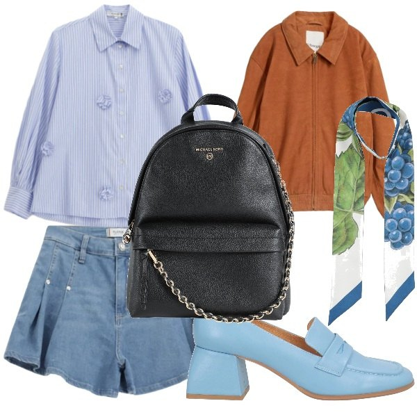 Outfit donna - pantaloncino corto in jeans camicia. Stile Bon Ton per Tutti i giorni. Abbinamento con zaini, mocassini, sciarpe, bomber, camicie, shorts.