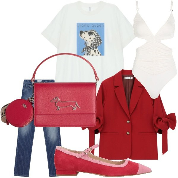 Outfit donna - jeans t-shirt. Stile Casual chic per Tutti i giorni. Abbinamento con ballerine, body, t-shirt, blazer, jeans, borse a tracolla.