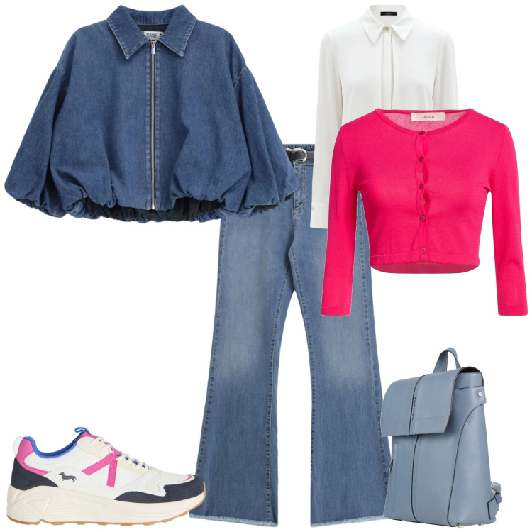 Outfit donna - Sporty chic in viaggio. Stile Sporty chic per Tutti i giorni. Abbinamento con cardigans, zaini, jeans, blazer, sneakers, camicie.
