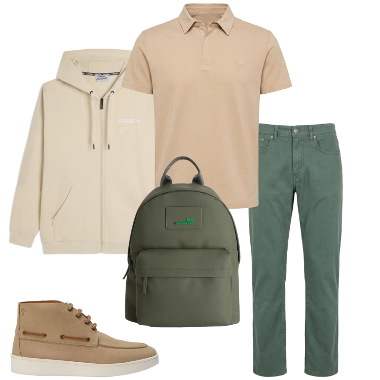 Outfit uomo - Urban Safari. Stile Casual per Tutti i giorni. Abbinamento con borse sportive, polo, pantaloni, stivali e stivaletti, felpe con cappuccio.