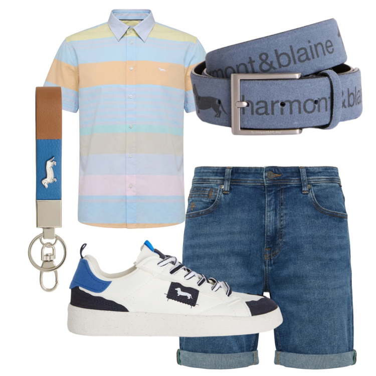 Outfit uomo - Preppy a porter. Stile Trendy per Tutti i giorni. Abbinamento con portachiavi, sneakers, cinture, camicie a manica corta, bermuda.