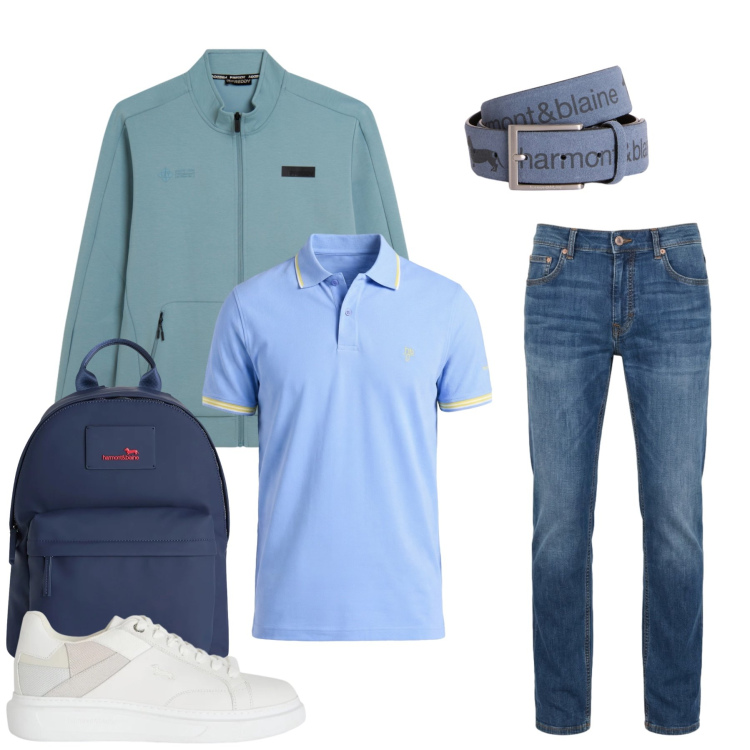 Outfit uomo - Sfumature Azzurre. Stile Urban per Tutti i giorni. Abbinamento con sneakers, cinture, borse sportive, jeans, polo, felpe.