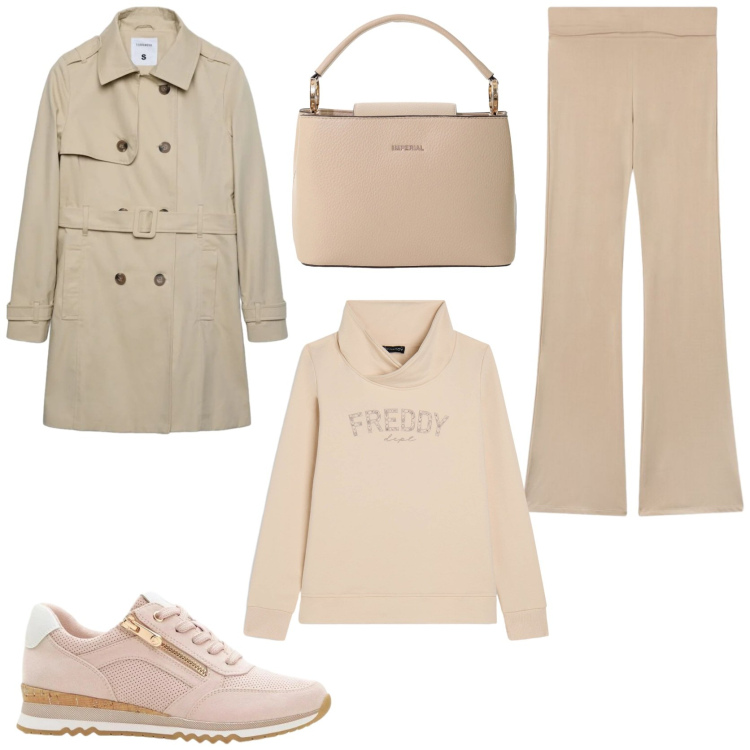Outfit donna - Sportswear chic e stiloso. Stile Sporty chic per Tutti i giorni. Abbinamento con sneakers, leggings, trench, borse a secchiello, felpe con cappuccio.