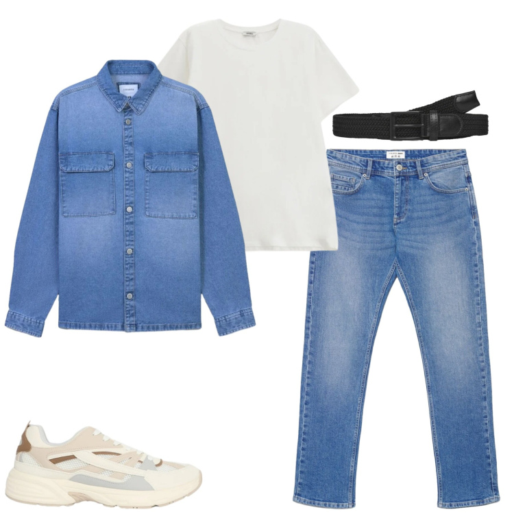 Outfit uomo - Aprile in denim. Stile Casual per Tutti i giorni. Abbinamento con cinture, sneakers, jeans, cappotti, t-shirt.