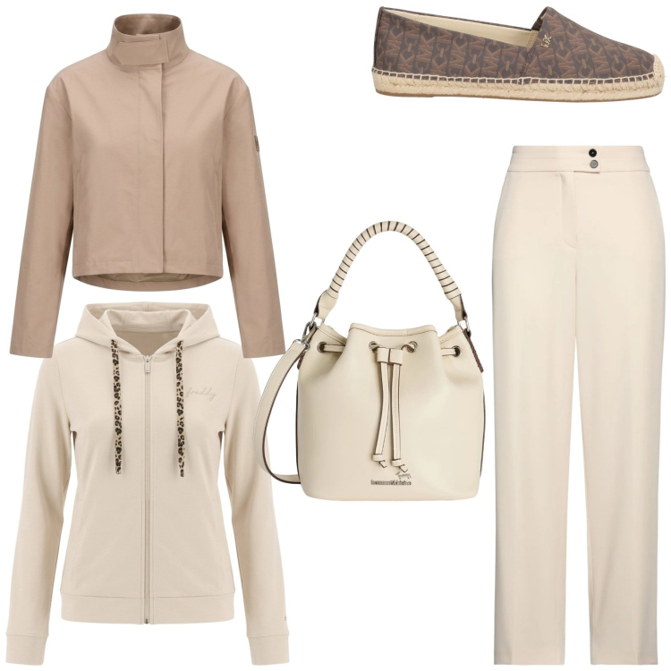 Outfit donna - Stilosa e comoda. Stile Sporty chic per Tutti i giorni. Abbinamento con pantaloni, espadrillas, borse a secchiello, felpe con cappuccio, blazer.