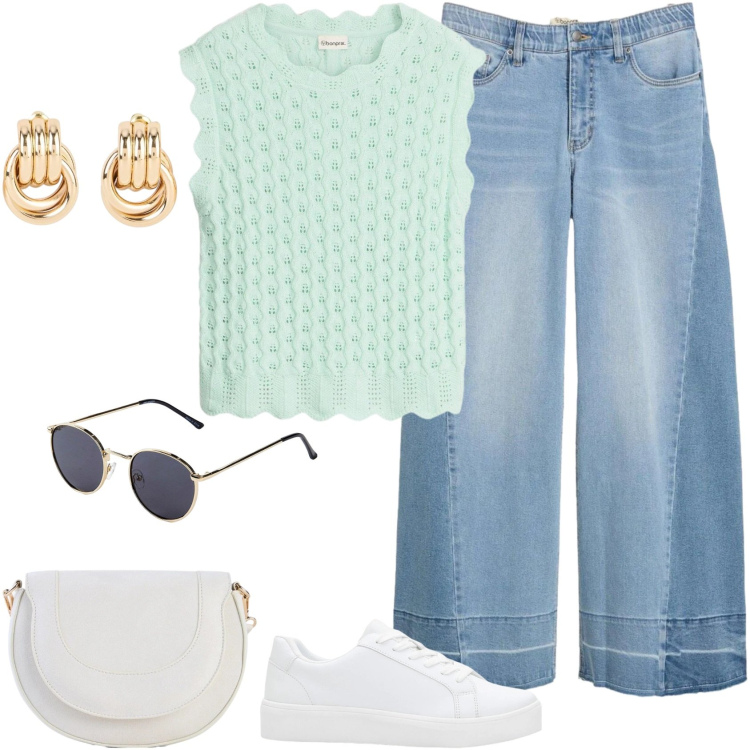 Outfit donna - Spring vibe by Bonprix. Stile Casual chic per Tutti i giorni. Abbinamento con jeans, sneakers, occhiali da sole, orecchini, canottiere, borse a tracolla.