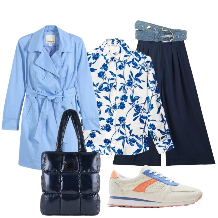 Outfit donna - Week-end da turista. Stile Casual chic per Tutti i giorni. Abbinamento con trench, sneakers, camicie, cinture, pantaloni, shopping bag.