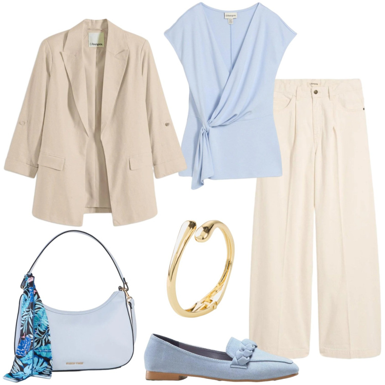 Outfit donna - Cool spring by Bonprix. Stile Casual chic per Ufficio. look ideale per Tall. Abbinamento con mocassini, jeans, blazer, braccialetti, borse a mano, canottiere.