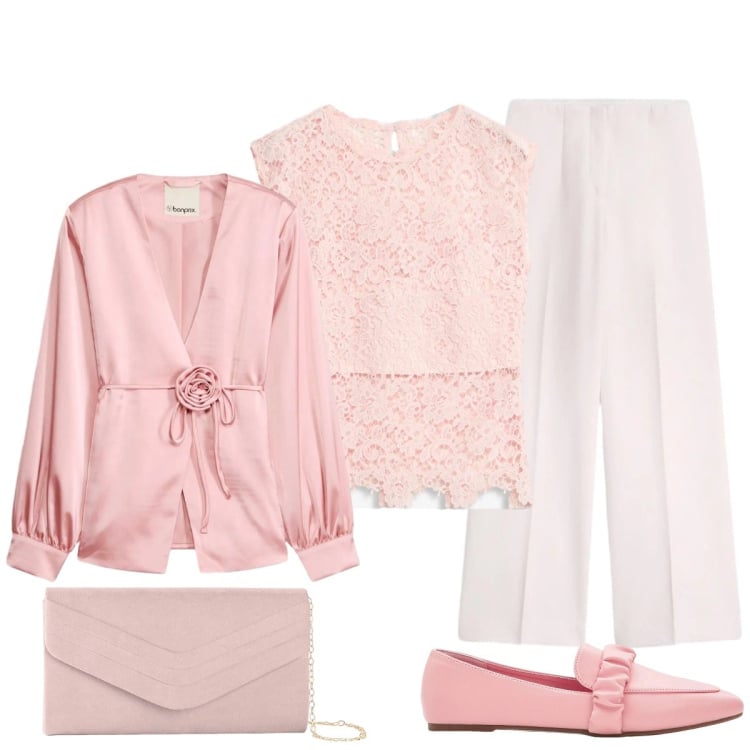 Outfit donna - Romantica per la Cerimonia. Stile Romantica per Cerimonia. Abbinamento con blazer, canottiere, pantaloni, pochette, mocassini.