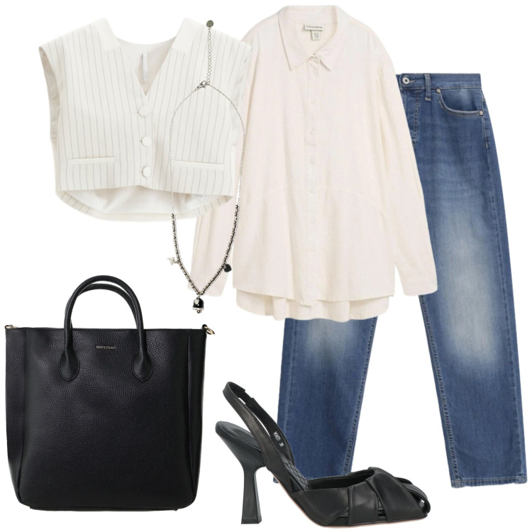 Outfit donna - Borsa capiente per la giornata. Stile Glamour per Tutti i giorni. Abbinamento con décolleté, camicie, borse a tracolla, gilet, jeans dritti, ciondoli.