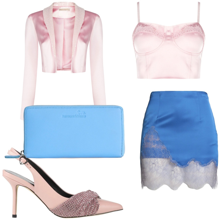 Outfit donna - Delicata in raso rosa e celeste. Stile Chic per Serata fuori. Abbinamento con minigonne, décolleté, top, bolero, portafogli.