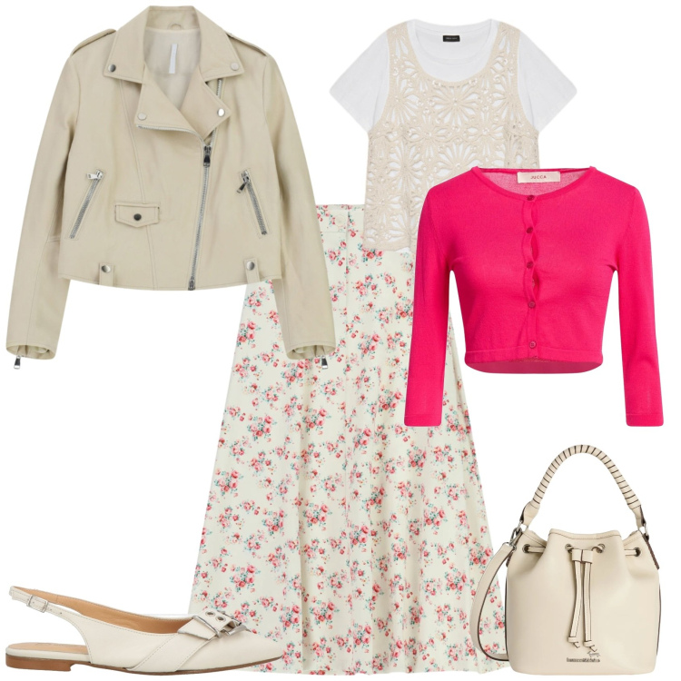 Outfit donna - Romantica sporty primavera. Stile Romantica per Tutti i giorni. Abbinamento con cardigans, ballerine, gonne lunghe, giacche, t-shirt, borse a secchiello.