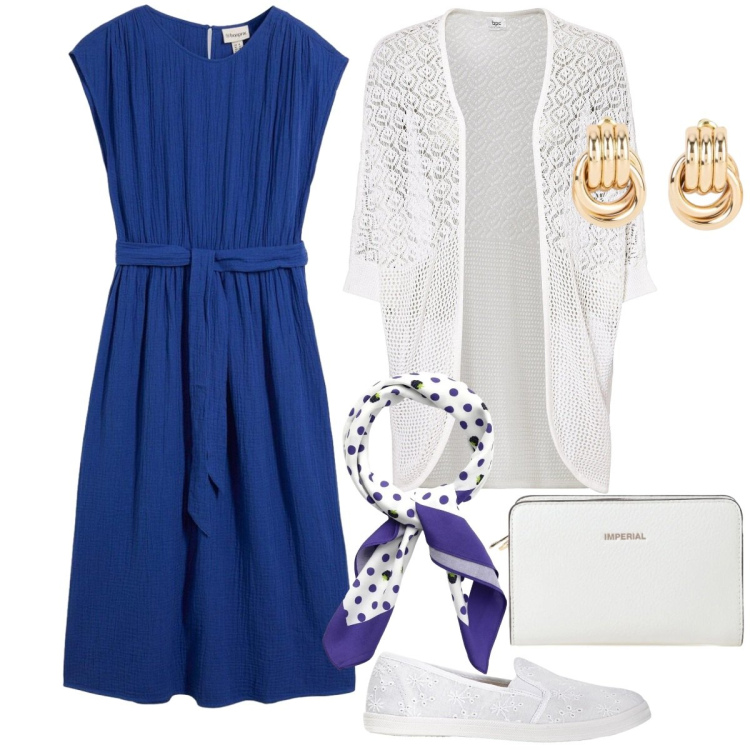 Outfit donna - Un abito per aprile - Focus Donna Curvy. Stile Romantica per Tutti i giorni. Abbinamento con vestiti midi/longuette, cardigans, ballerine, orecchini, foulard, borse a tracolla.