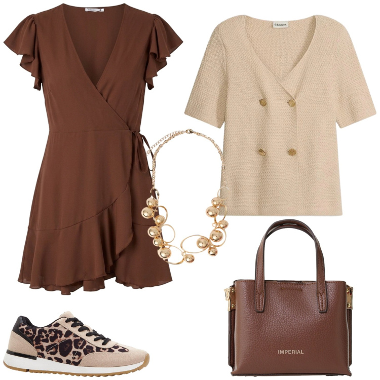 Outfit donna - Bon ton ma in sneakers. Stile Bon Ton per Tutti i giorni. Abbinamento con cardigans, sneakers, vestiti corti, borse a tracolla, collane.