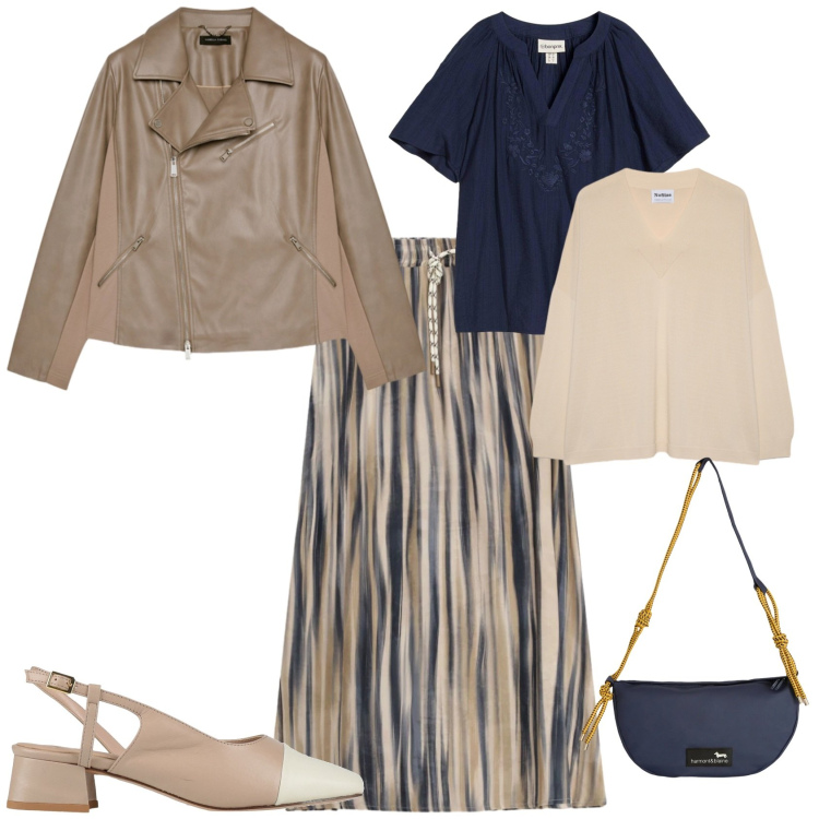 Outfit donna - Casual chic ufficio tempo libero. Stile Casual chic per Tutti i giorni. Abbinamento con décolleté, camicie a manica corta, blazer, pullovers, gonne lunghe, borse a tracolla.