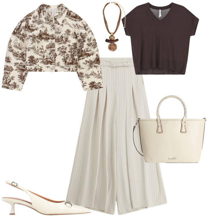 Outfit donna - Casual chic ufficio tempo libero. Stile Casual chic per Tutti i giorni. Abbinamento con décolleté, pantaloni a palazzo, cappotti, bluse, ciondoli, shopping bag.