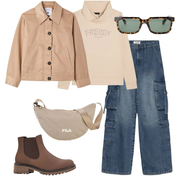 Outfit donna - Un weekend fuori città. Stile Sporty chic per Tutti i giorni. Abbinamento con stivaletti, borse a tracolla, cappotti, jeans, occhiali da sole, felpe con cappuccio.