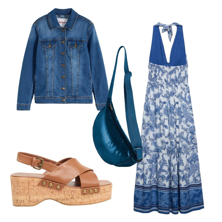 Outfit donna - Nel blu. Stile Casual per Tutti i giorni. Abbinamento con zeppe, blazer, vestiti lunghi, borse a tracolla.