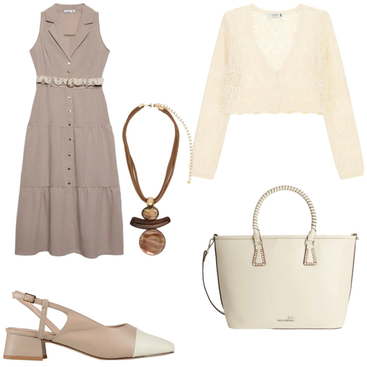 Outfit donna - Perfetta da mattina a sera. Stile Casual chic per Tutti i giorni. Abbinamento con décolleté, vestiti chemisier, ciondoli, cardigans, shopping bag.