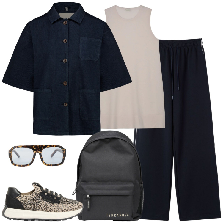 Outfit donna - In giro per l\' Europa. Stile Sporty chic per Tutti i giorni. Abbinamento con sneakers, pantaloni, zaini, occhiali da sole, blazer, bluse.