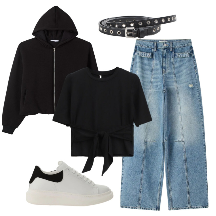Outfit donna - Total look #2384664. Stile Urban per Tutti i giorni. Abbinamento con felpe con cappuccio, cinture, jeans, sneakers, t-shirt.