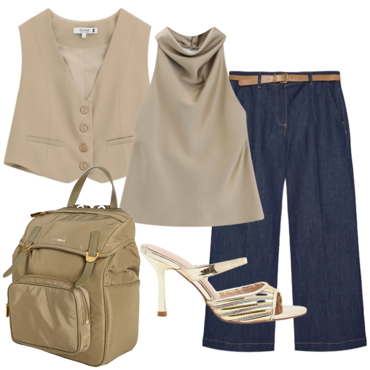 Outfit donna - Total look #2384665. Stile Casual chic per Ufficio. Abbinamento con zaini, jeans, gilet, top, sabot.