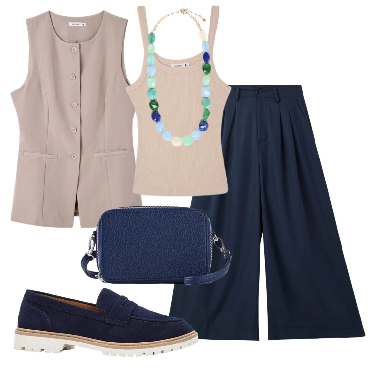 Outfit donna - Total look #2384667. Stile Casual chic per Ufficio. Abbinamento con mocassini, borse a tracolla, pantaloni, canottiere, gilet, collane.