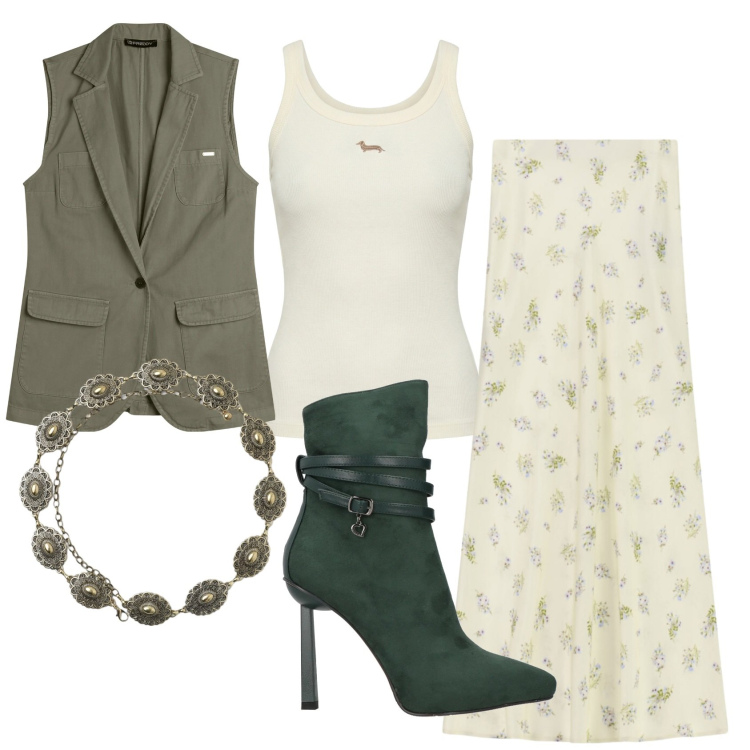 Outfit donna - Total look #2384669. Stile Romantica per Ufficio. Abbinamento con stivaletti, cinture, gonne lunghe, canottiere, gilet.