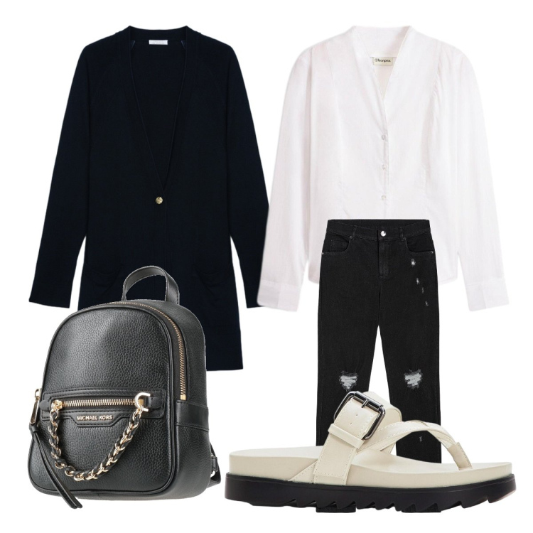 Outfit donna - Sporty-chic in chiave primaverile. Stile Sporty chic per Tutti i giorni. Abbinamento con zaini, camicie, ciabatte, cardigans, jeans skinny.