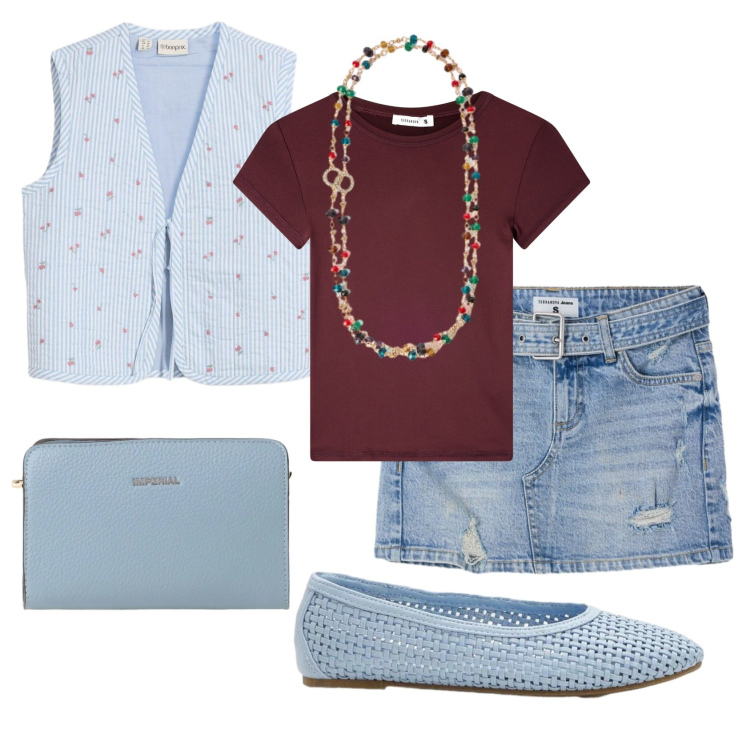 Outfit donna - Total look #2384671. Stile Casual per Tutti i giorni. Abbinamento con gilet, ballerine, minigonne, t-shirt, borse a tracolla, collane.