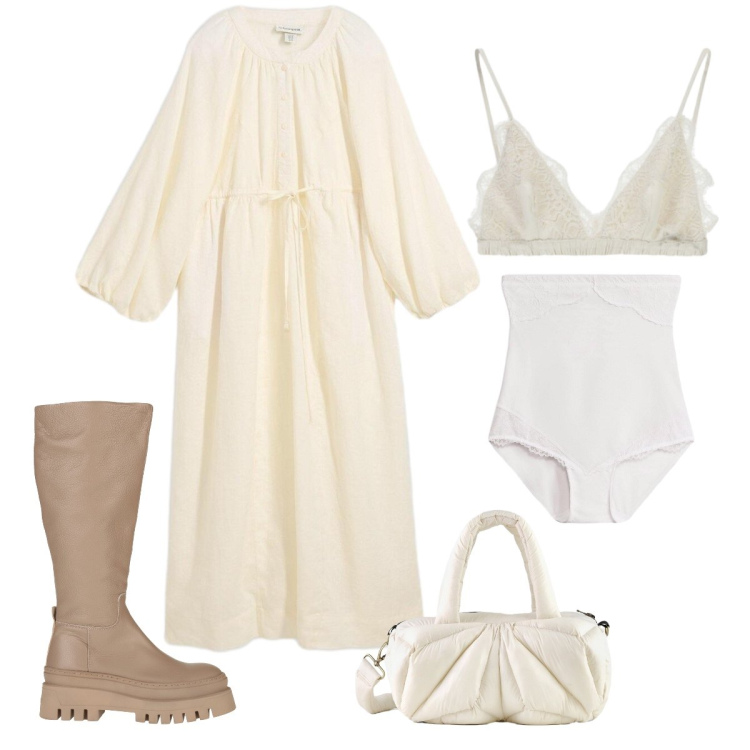 Outfit donna - Bianco deciso. Stile Minimal per Tutti i giorni. Abbinamento con stivali, culotte, vestiti lunghi, reggiseni, borse a mano.