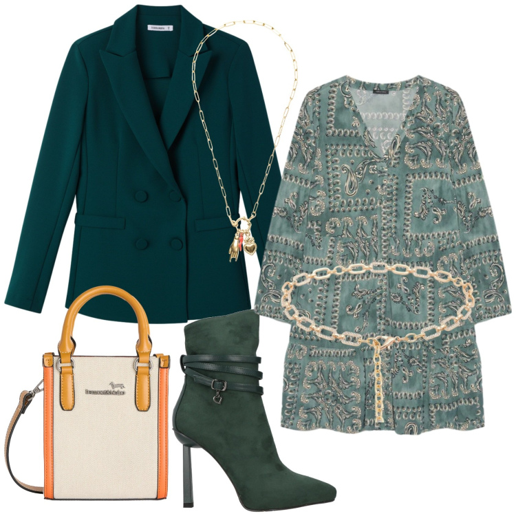 Outfit donna - Total look #2384673. Stile Etnico per Ufficio. Abbinamento con stivaletti, blazer, vestiti, cinture, borse tote, ciondoli.