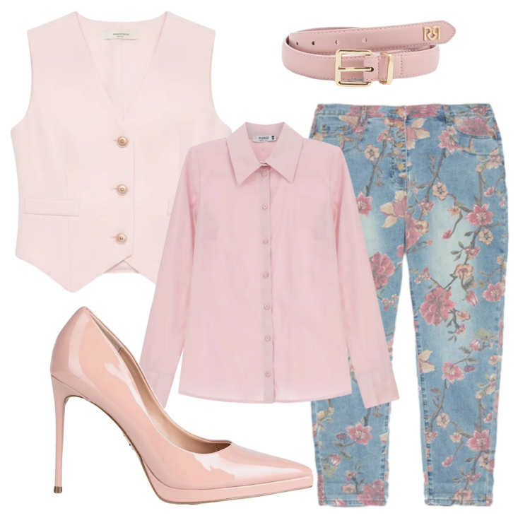 Outfit donna - Primavera con tacco 12. Stile Romantica per Ufficio. Abbinamento con décolleté, jeans, cinture, gilet, camicie.
