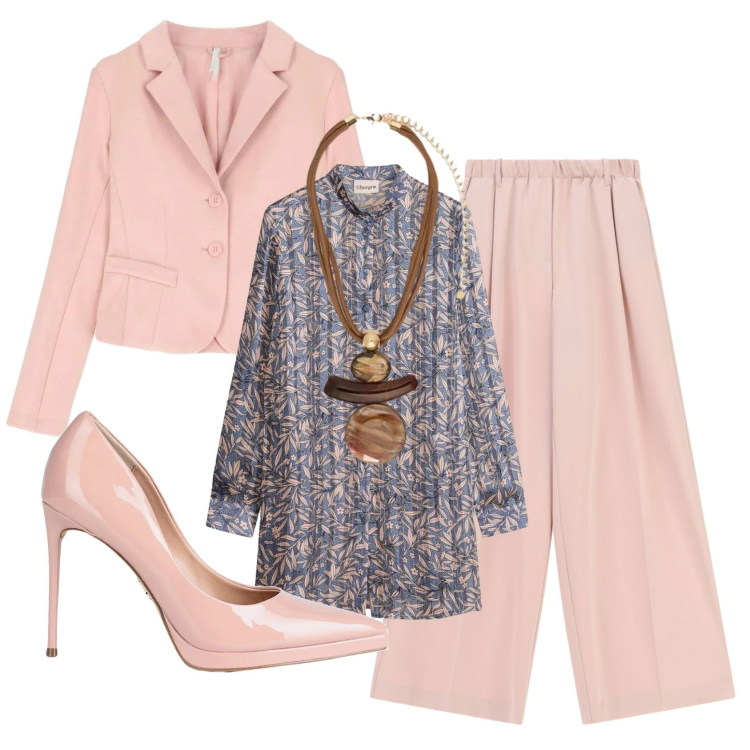 Outfit donna - Total look #2384675. Stile Mannish per Ufficio. Abbinamento con décolleté, camicie, ciondoli, pantaloni a palazzo, blazer.
