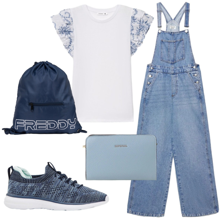 Outfit donna - Total look #2384676. Stile Casual per Scuola/Università. Abbinamento con sneakers, salopette, t-shirt, borse a tracolla, zaini.
