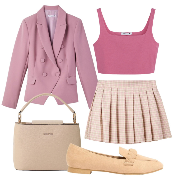 Outfit donna - Total look #2384679. Stile Preppy per Scuola/Università. Abbinamento con mocassini, minigonne, blazer, canottiere, borse a secchiello.