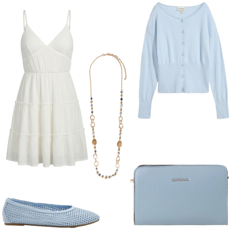 Outfit donna - Stile rilassato. Stile Romantica per Tutti i giorni. Abbinamento con ballerine, cardigans, vestiti corti, borse a tracolla, collane.