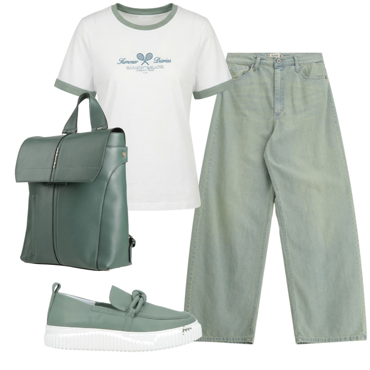 Outfit donna - Total look #2384685. Stile Casual per Tutti i giorni. Abbinamento con mocassini, zaini, jeans, t-shirt.