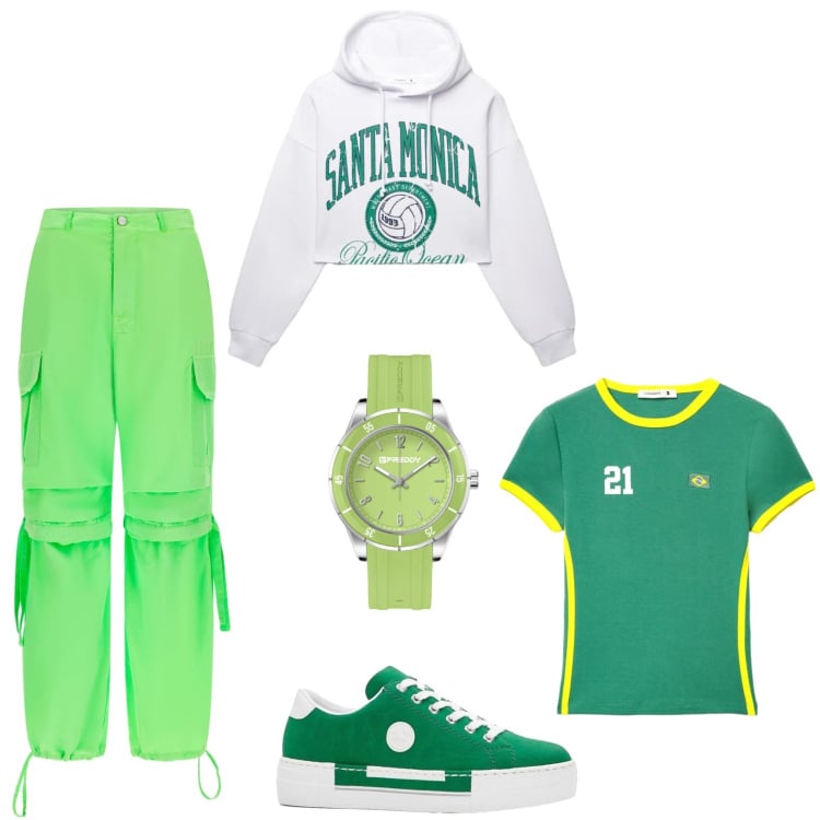 Outfit donna - Per gli amanti del verde. Stile Casual per Tutti i giorni. Abbinamento con sneakers, felpe con cappuccio, t-shirt sportive, pantaloni cargo, orologi.