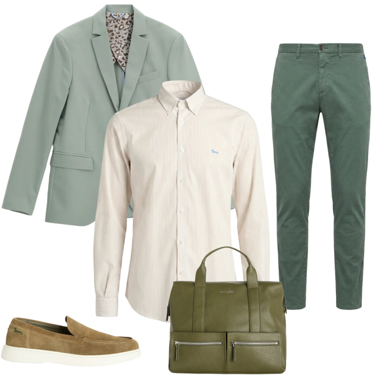 Outfit uomo - Business Casual. Stile Urban per Ufficio. Abbinamento con giacche, camicie, borse sportive, pantaloni chino, scarpe stringate.