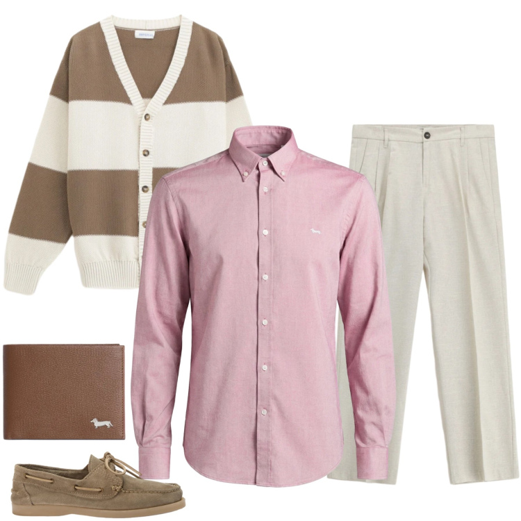 Outfit uomo - Eleganza Neutra. Stile Trendy per Tutti i giorni. Abbinamento con portafogli, camicie, scarpe stringate, cardigans, pantaloni.