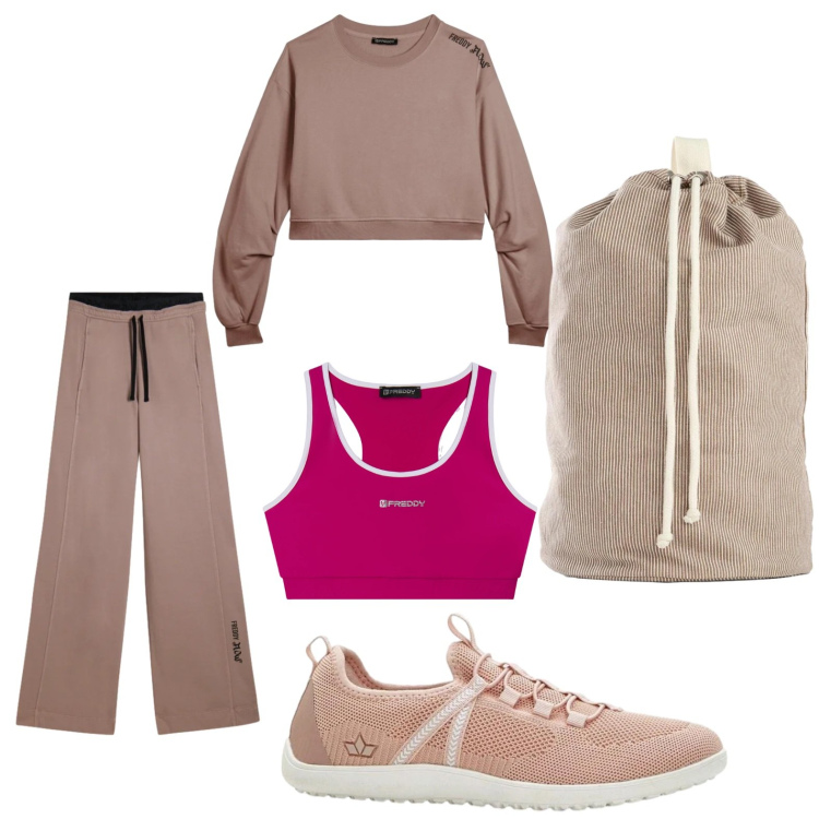 Outfit donna - Comfort zone. Stile Sporty chic per Sport. Abbinamento con zaini, sneakers, pantaloni, felpe, reggiseni.