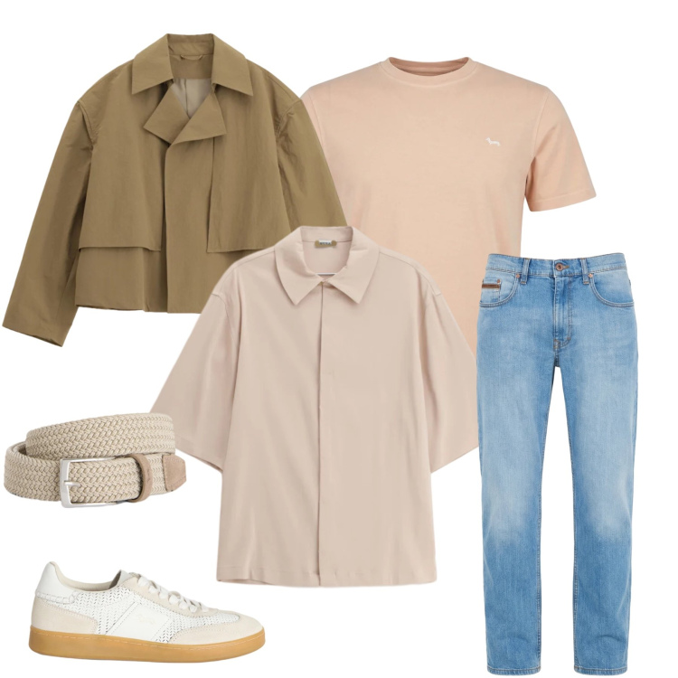 Outfit uomo - Minimalismo Contemporaneo. Stile Urban per Tutti i giorni. Abbinamento con camicie a manica corta, cappotti, jeans, cinture, sneakers, t-shirt.