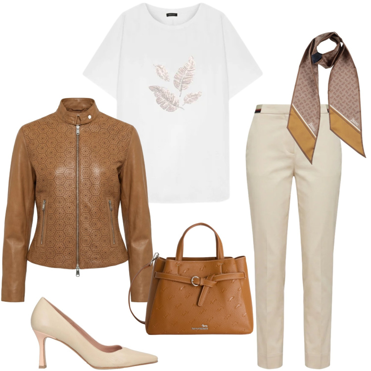 Outfit donna - Toni Neutri e Cuoio. Stile Casual chic per Tutti i giorni. Abbinamento con sciarpe, décolleté, giacche, borse a mano, pantaloni chino, t-shirt.