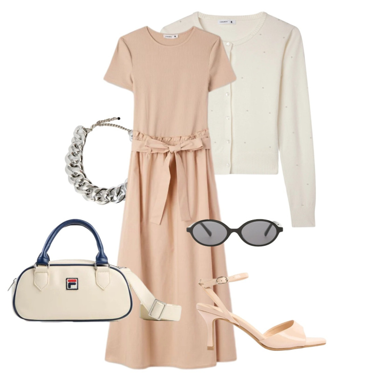Outfit donna - Petalo di pesca p. Stile Bon Ton per Tutti i giorni. Abbinamento con sandali col tacco, borse a tracolla, vestiti lunghi, cardigans, occhiali da sole, collane.