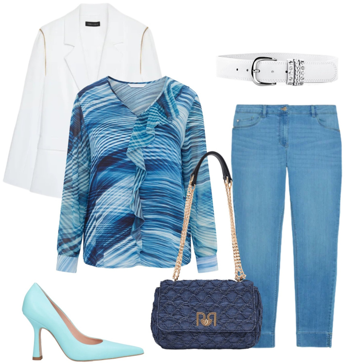 Outfit donna - Look Fresco e Chic in Blu e Bianco. Stile Casual chic per Tutti i giorni. Abbinamento con décolleté, cinture, jeans skinny, bluse, blazer, borse a spalla.