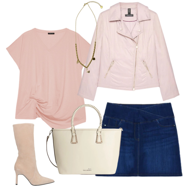 Outfit donna - Eleganza Urbana in Rosa. Stile Glamour per Tutti i giorni. Abbinamento con stivali, minigonne, piumini, t-shirt, shopping bag, ciondoli.
