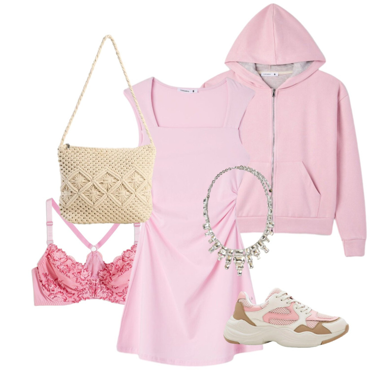 Outfit donna - Total look #2384702. Stile Romantica per Tutti i giorni. Abbinamento con sneakers, borse a tracolla, reggiseni, vestiti corti, felpe con cappuccio, collane.